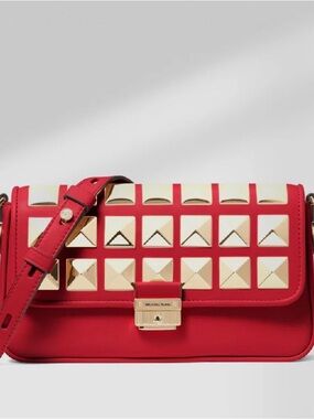 Michael Kors Bradshaw Studded Leather Shoulder Bag in Crimson